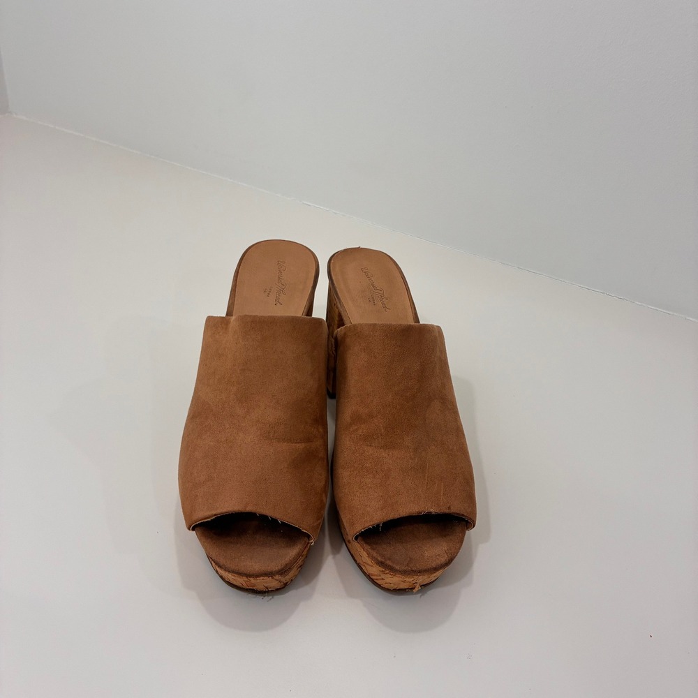 Universal Thread Cognac Faux Suede Cork Platform Block Heel Mules Size 7.5